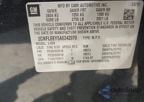 2010 Chevrolet Equinox Lt из США, поврежденный, VIN 2CNFLEEY5A6342979